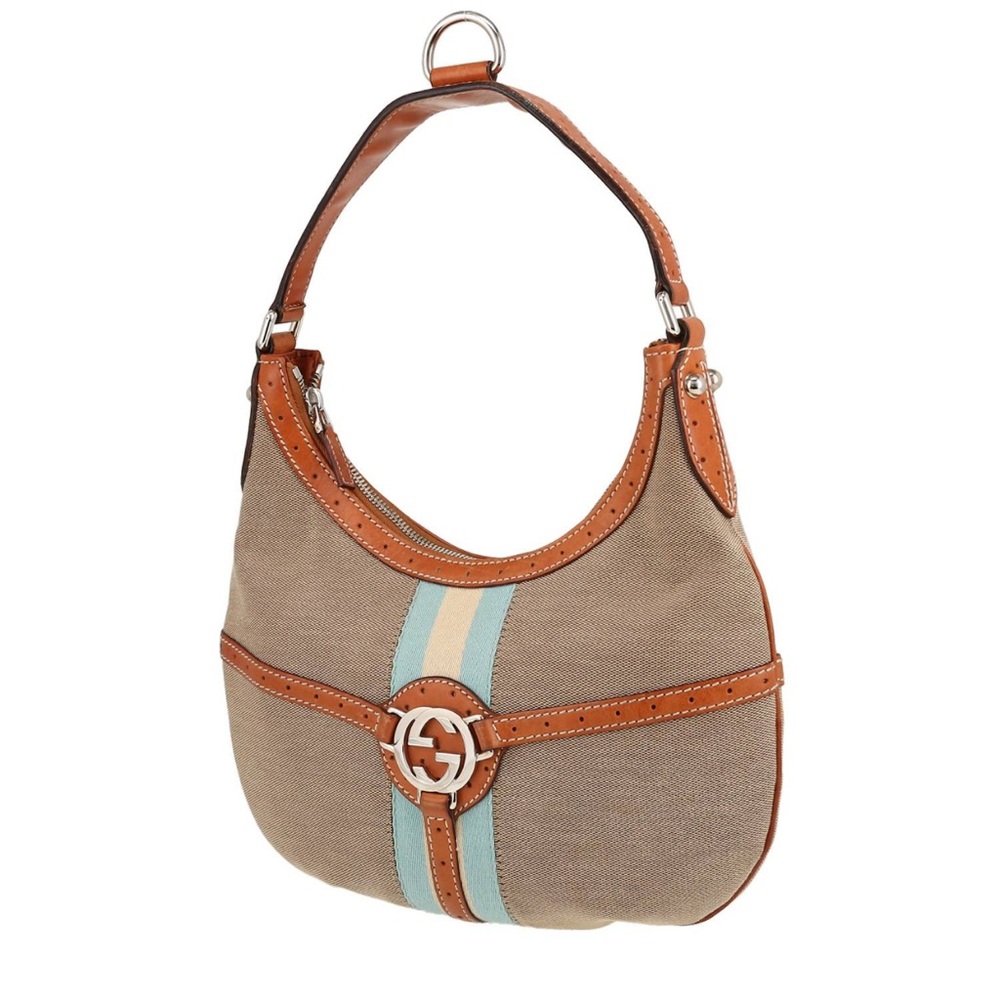 Gucci Vintage handbag in beige, blue and white canvas and natural leather